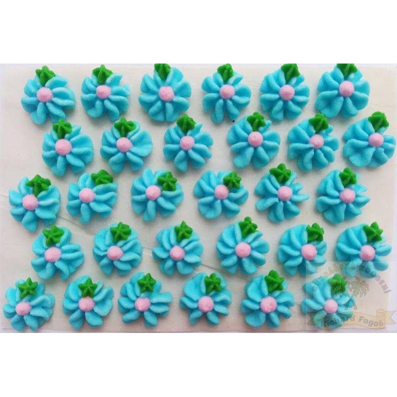 Cukrové květy modré s růžovým středem na platíčku 30ks Fagos