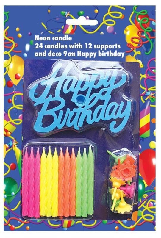 Svíčky na dort 24ks neonové s nápisem Happy Birthday Alvarak